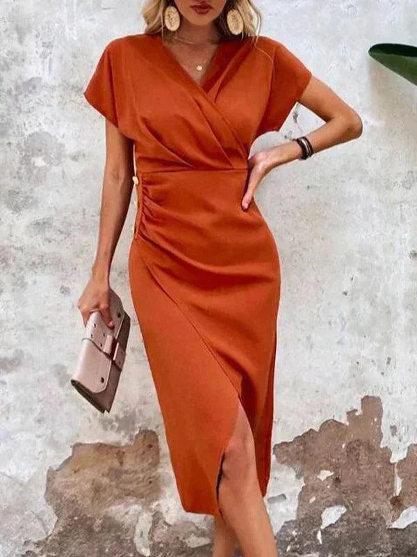 Damen Sommer-Midikleid mit V-Ausschnitt und kurzen Ärmeln