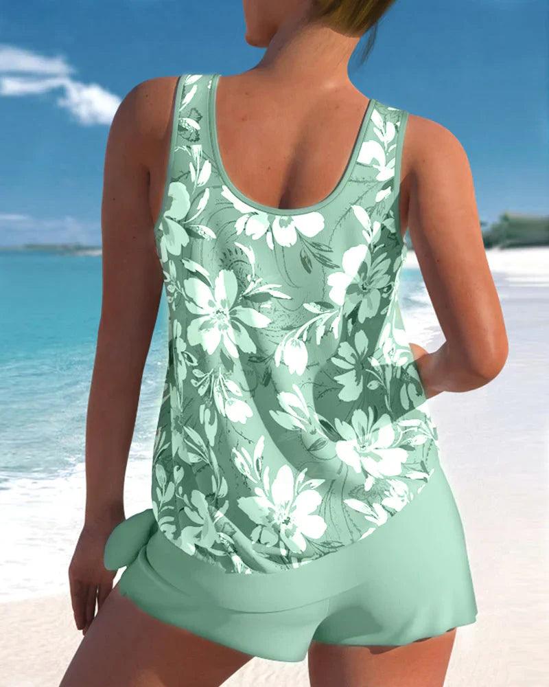 Damen ärmelloses Tankini-Set mit Blumenmuster-Oberteil
