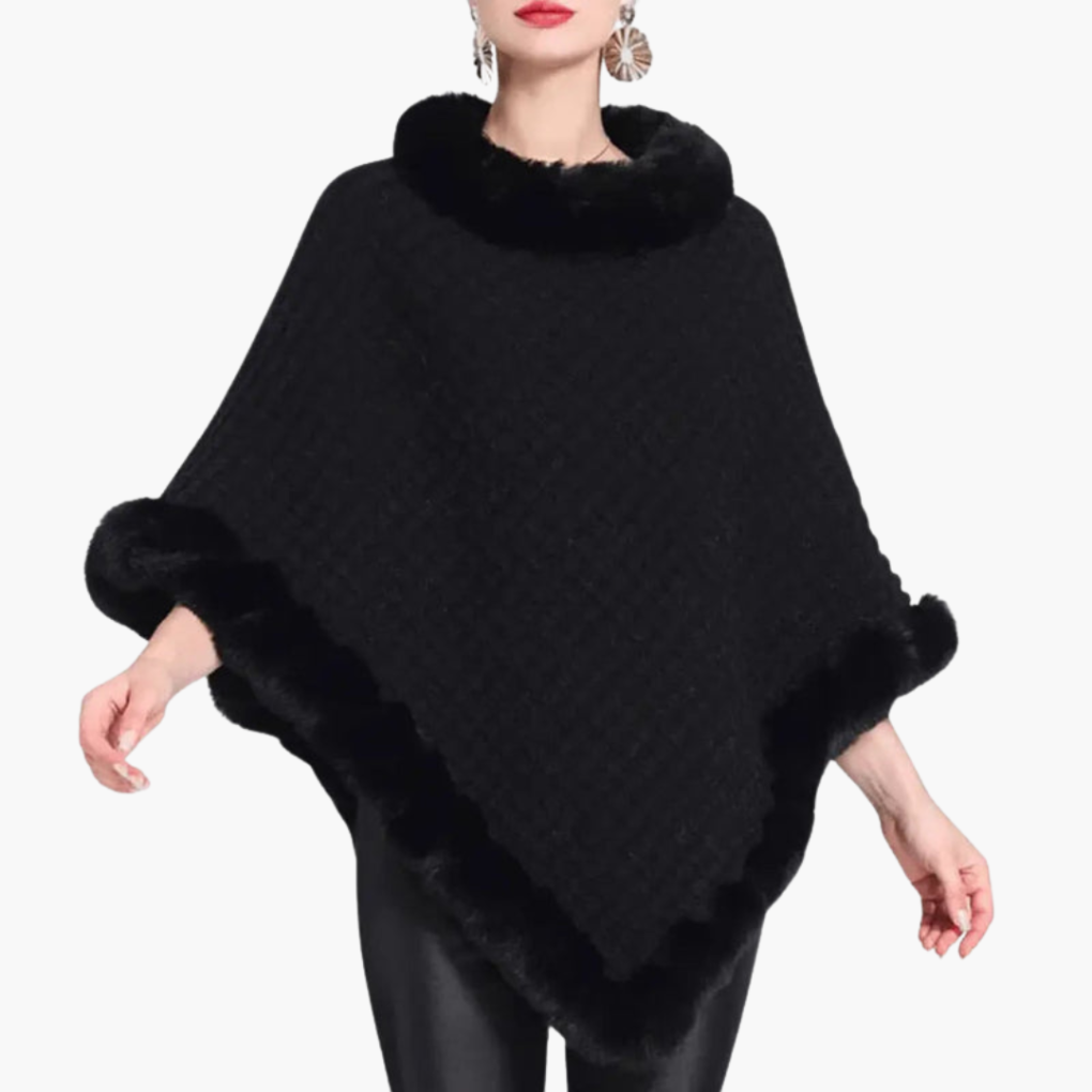 Damen Strick-Poncho mit Kunstfellbesatz und Übergröße