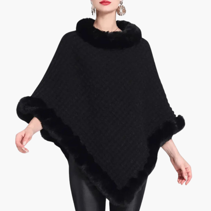 Damen Strick-Poncho mit Kunstfellbesatz und Übergröße