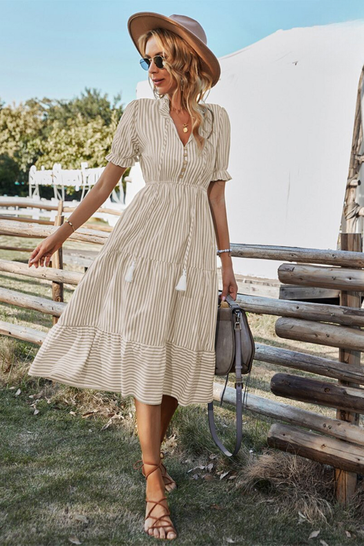 Damen Sommer-Midikleid mit V-Ausschnitt und Knopfleiste