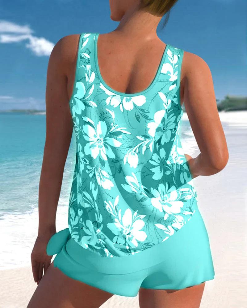Damen ärmelloses Tankini-Set mit Blumenmuster-Oberteil