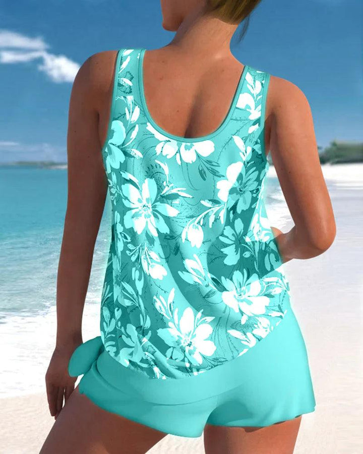 Damen ärmelloses Tankini-Set mit Blumenmuster-Oberteil