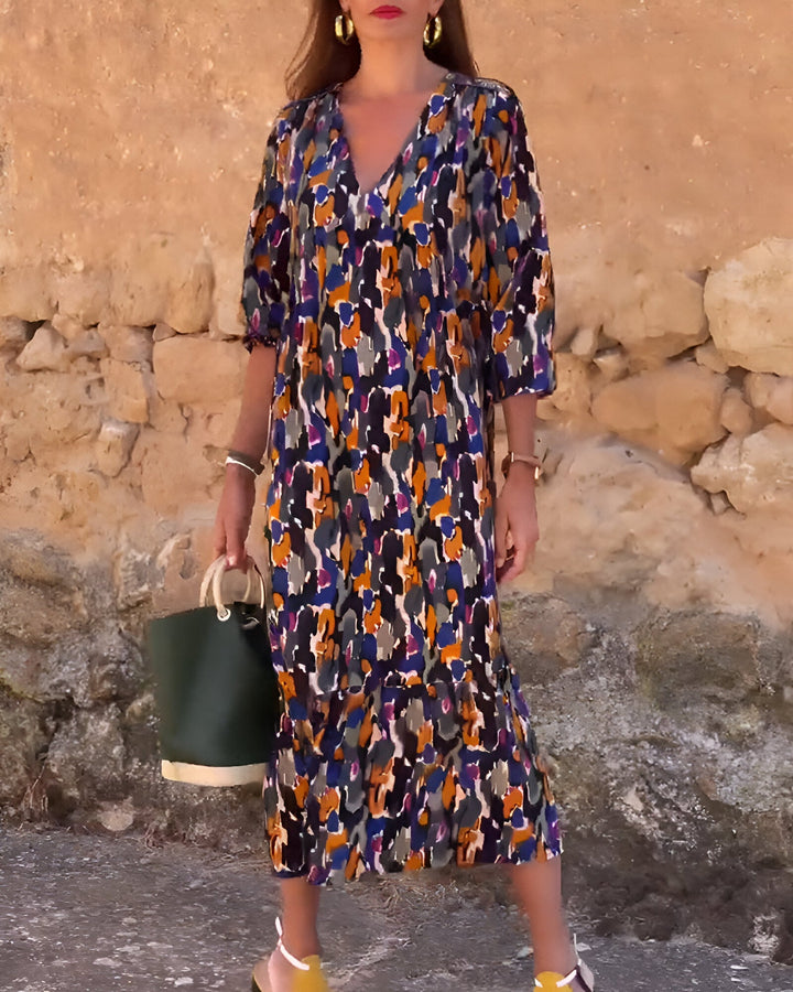 Damen Sommer Midikleid mit kurzen Ärmeln und abstraktem Print