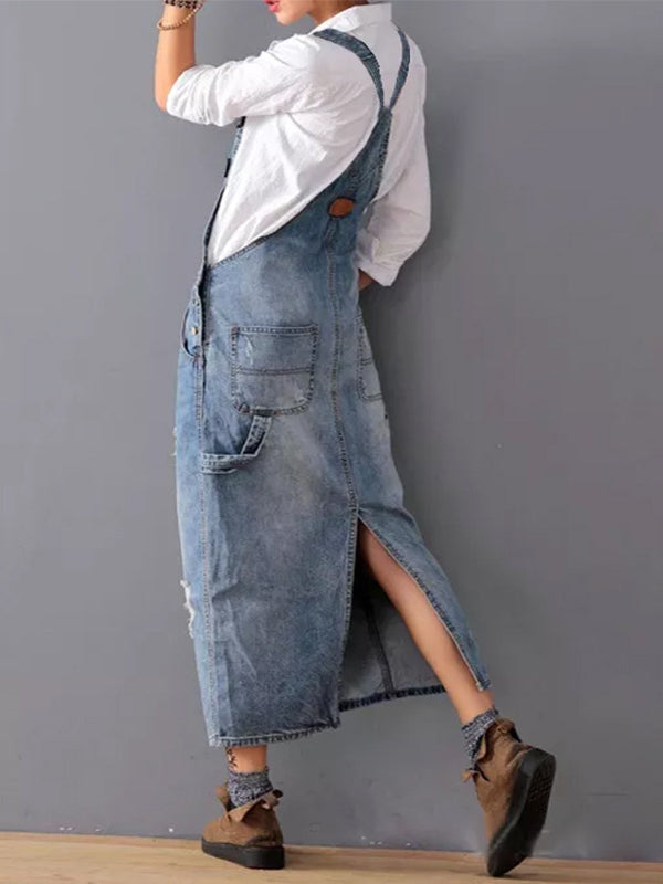 Damen Latzkleid aus Denim mit Trägern und Taschen