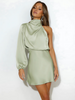 Damen Sommer Minikleid mit One-Shoulder und langem Ärmel