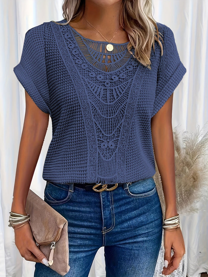 Damen Sommerbluse mit Rundhalsausschnitt und Spitzenbesatz