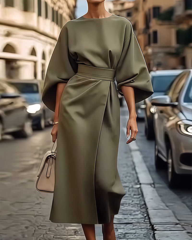 Damen Sommer Midi Kleid mit Rundhalsausschnitt