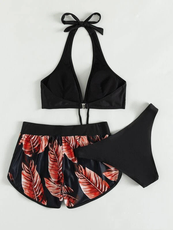 Damen Drei-Teile Bikini-Set mit V-Ausschnitt Halter-Top
