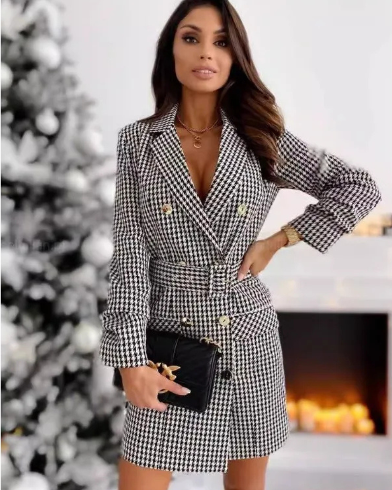 Damen Mini-Kleid im Blazer-Stil mit langen Ärmeln und Gürtel