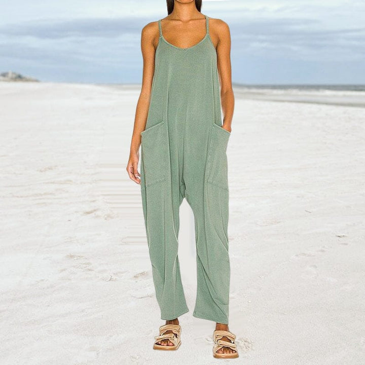 Damen Sommer-Jumpsuit mit Rundhalsausschnitt und Taschen