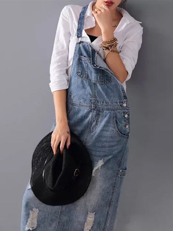Damen Latzkleid aus Denim mit Trägern und Taschen