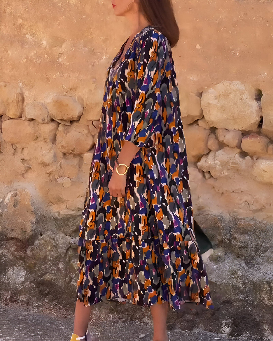 Damen Sommer Midikleid mit kurzen Ärmeln und abstraktem Print