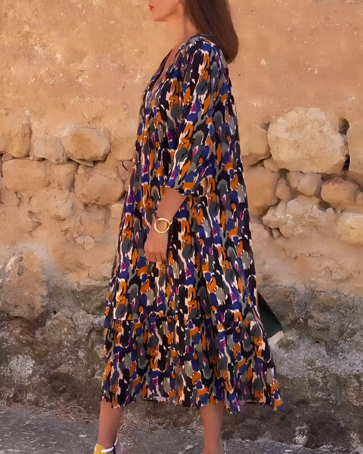 Damen Sommer Midikleid mit kurzen Ärmeln und abstraktem Print