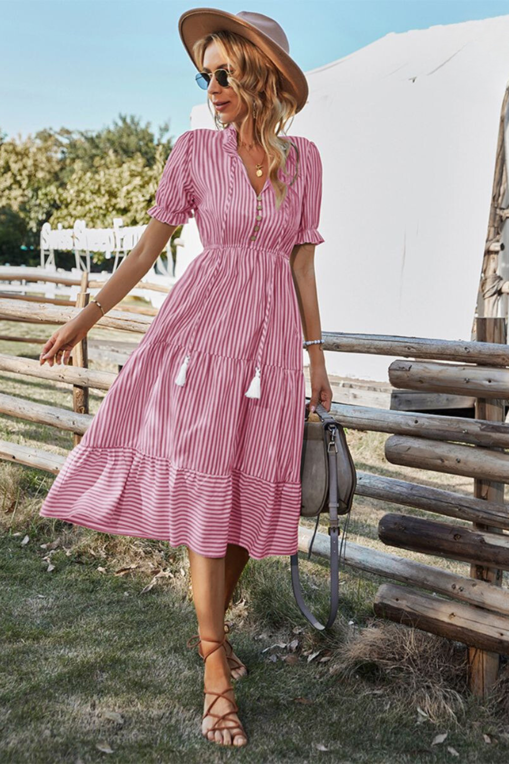 Damen Sommer-Midikleid mit V-Ausschnitt und Knopfleiste