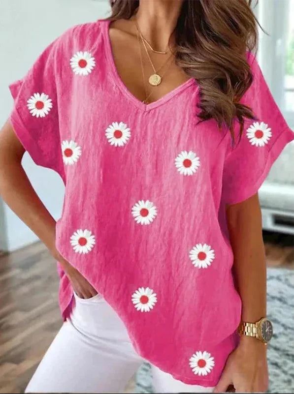 Lässiges T-Shirt mit V-Ausschnitt und 3D-Blumenprint