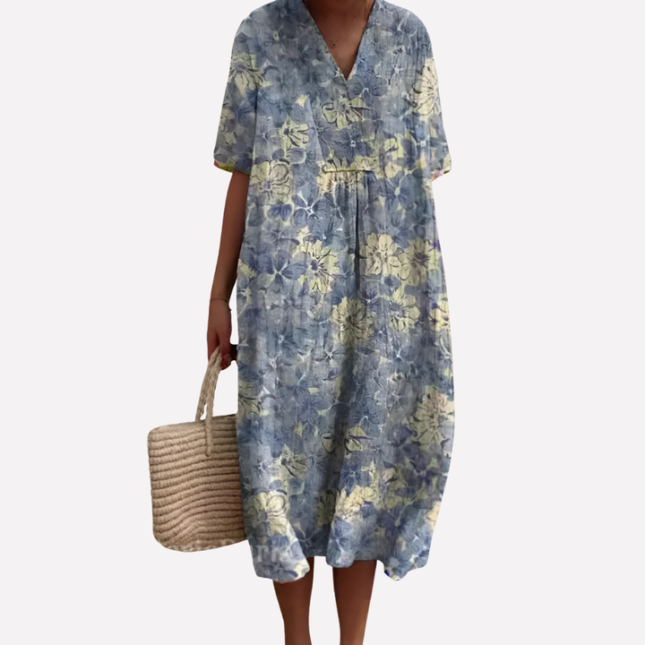 Damen Florale Sommerkleid – V-Ausschnitt & Kurze Ärmel