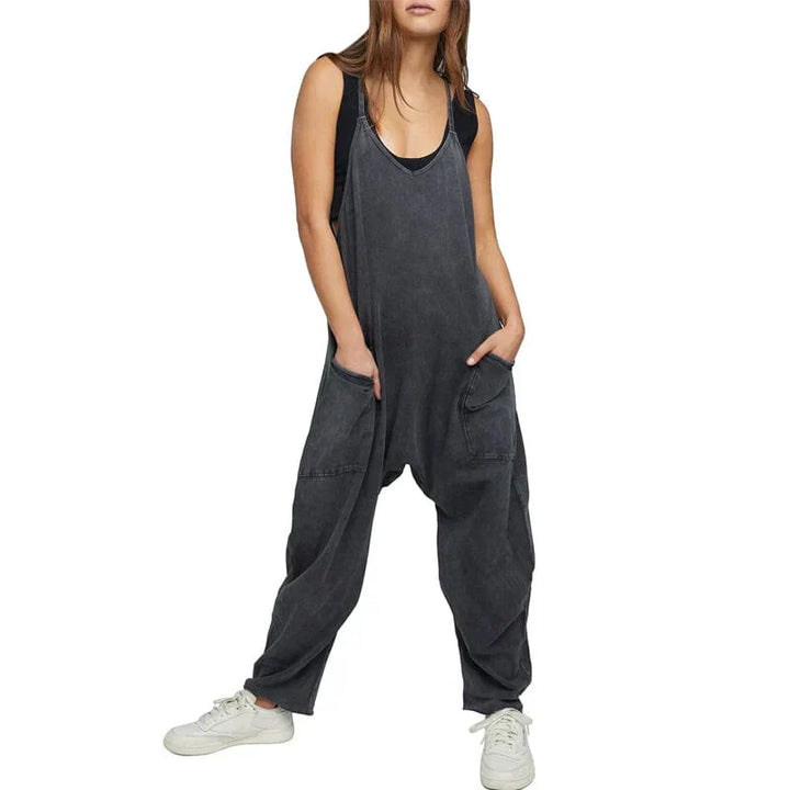 Damen Sommer-Jumpsuit mit Rundhalsausschnitt und Taschen