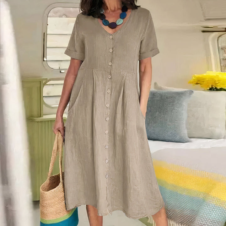 Damen Sommer Leinen Midi Kleid mit V-Ausschnitt und Taschen
