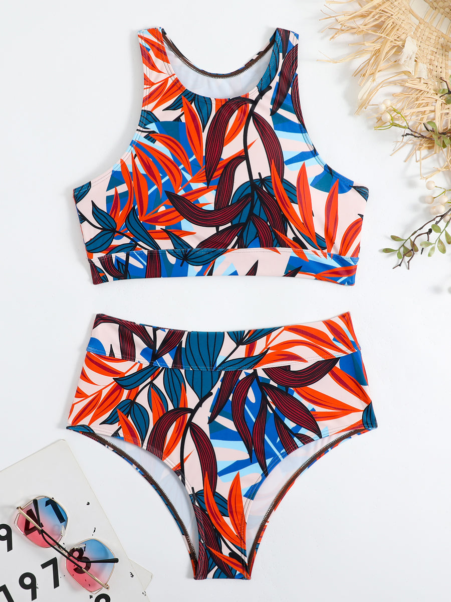 Damen Sommer-Bikini mit Rundhals-Top und hochgeschnittener Hose