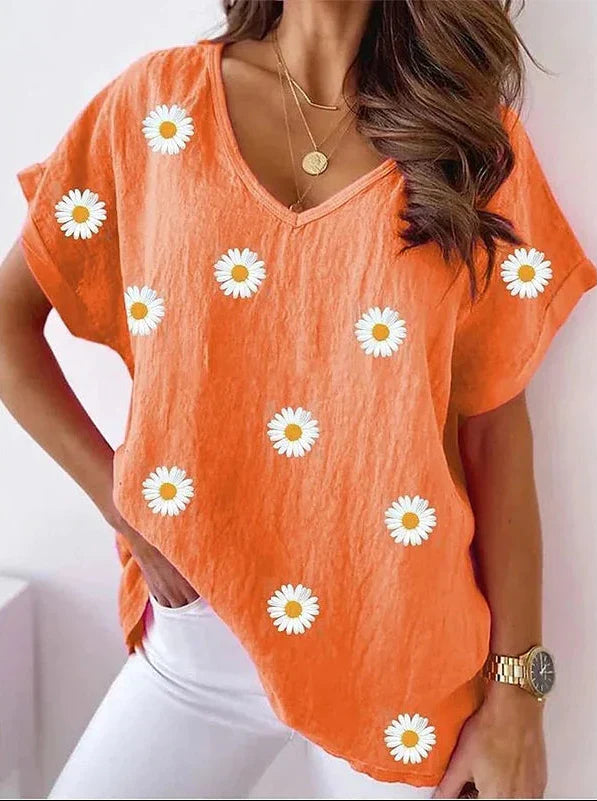 Lässiges T-Shirt mit V-Ausschnitt und 3D-Blumenprint