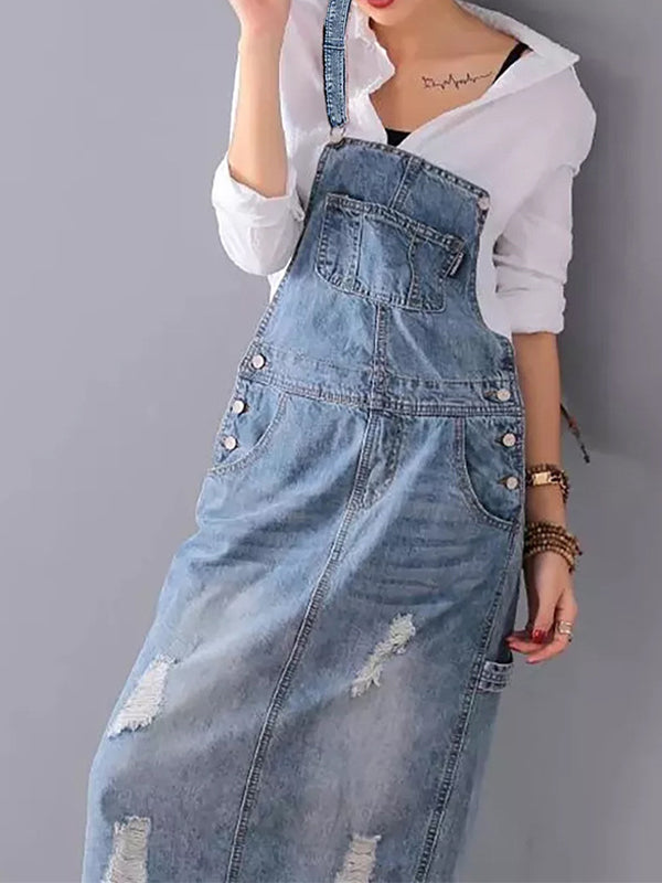 Damen Latzkleid aus Denim mit Trägern und Taschen