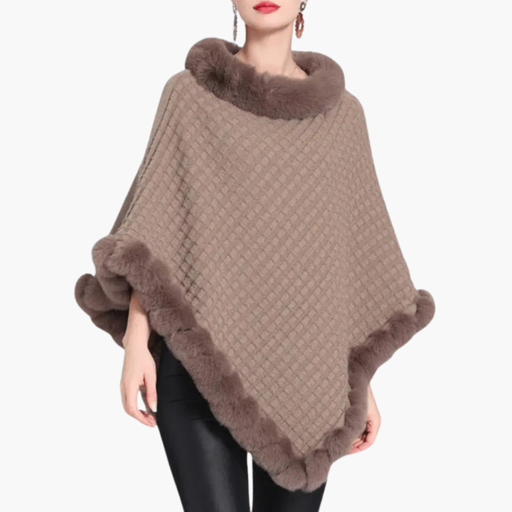 Damen Strick-Poncho mit Kunstfellbesatz und Übergröße