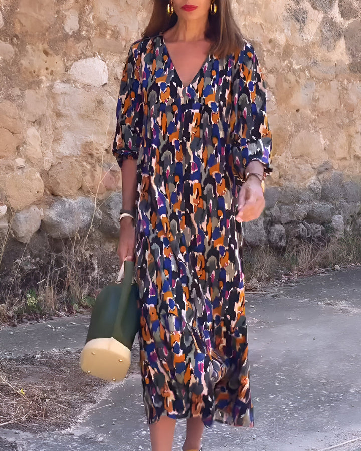 Damen Sommer Midikleid mit kurzen Ärmeln und abstraktem Print