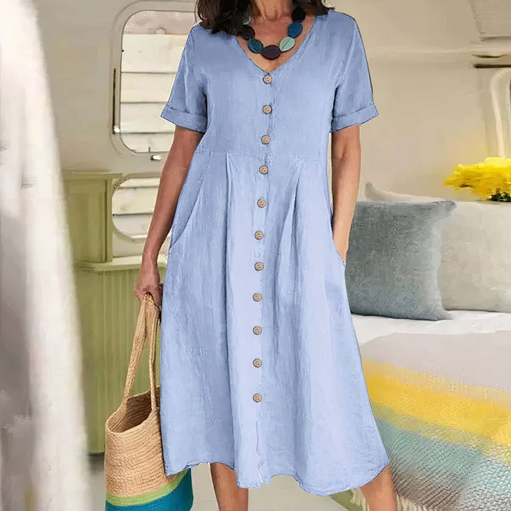 Damen Sommer Leinen Midi Kleid mit V-Ausschnitt und Taschen