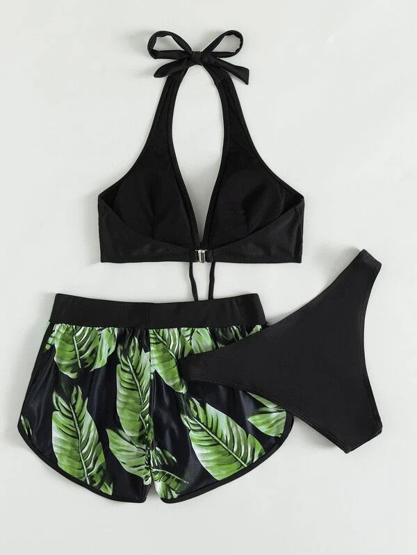 Damen Drei-Teile Bikini-Set mit V-Ausschnitt Halter-Top