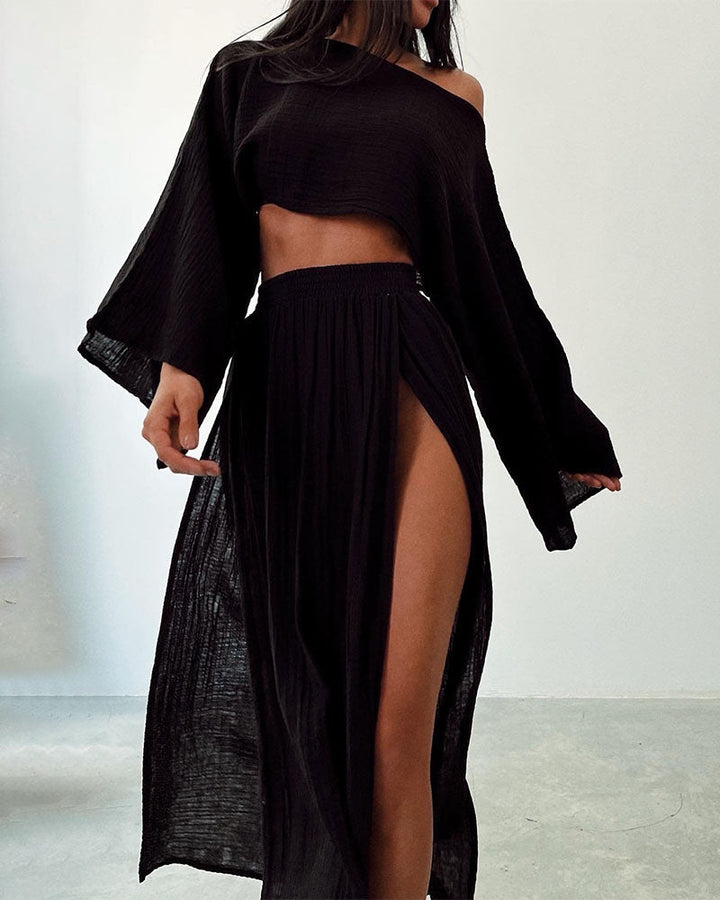 Zweiteiler Damen Sommer Set mit Crop Top und Maxirock