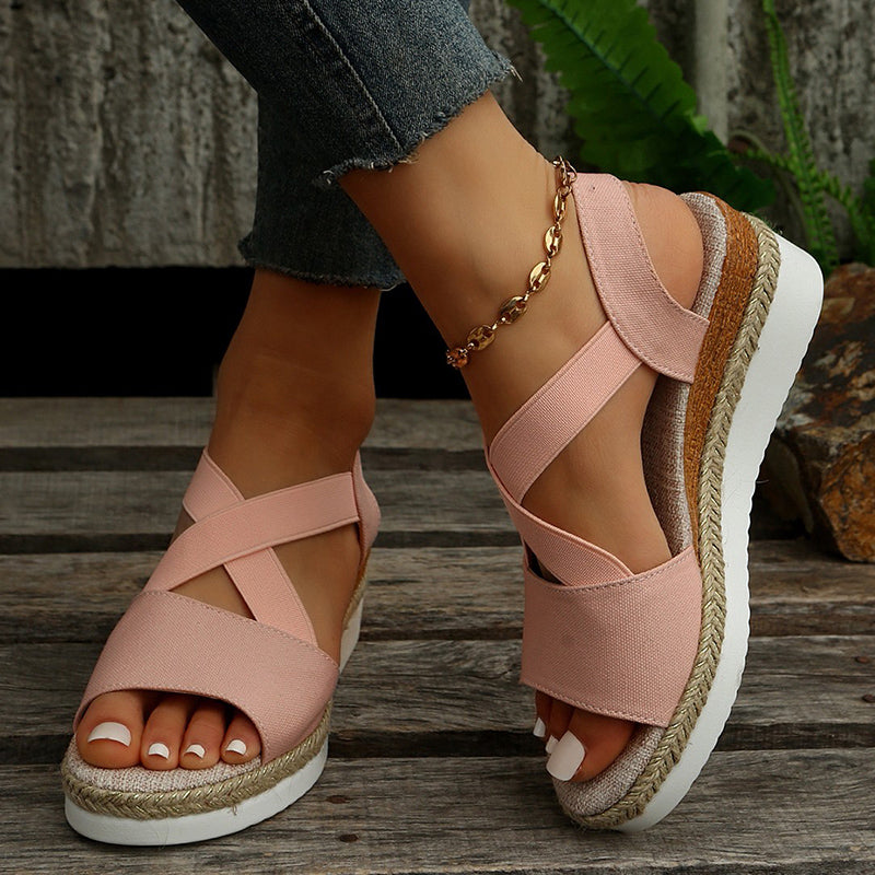 Damen Sommer-Wedgesandalen mit Plateausohle und Kreuzriemen