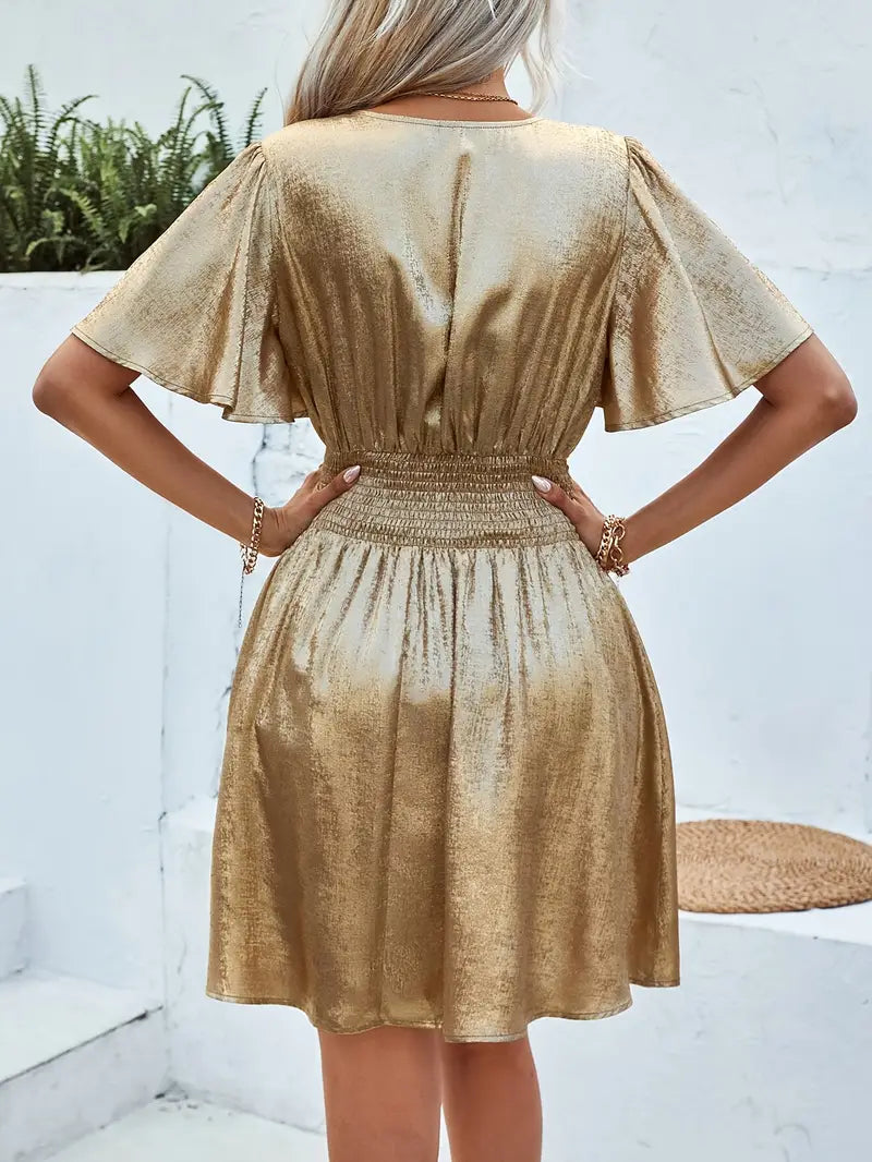 Damen Sommer Minikleid mit V-Ausschnitt und kurzen Ärmeln