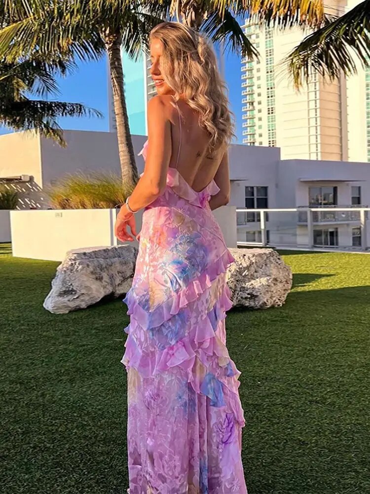 Damen Sommer-Maxikleid mit V-Ausschnitt und Spaghettiträgern