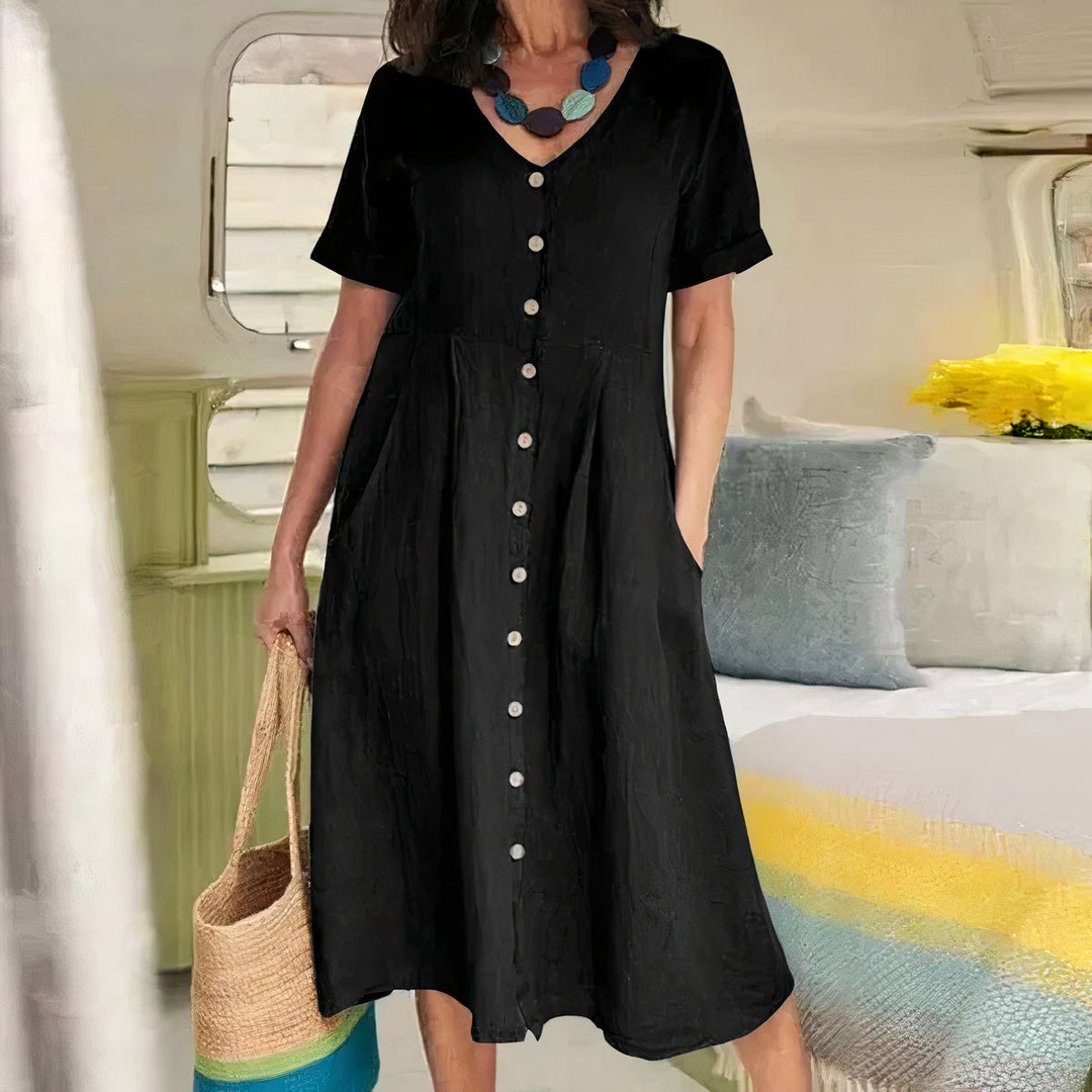 Damen Sommer Leinen Midi Kleid mit V-Ausschnitt und Taschen