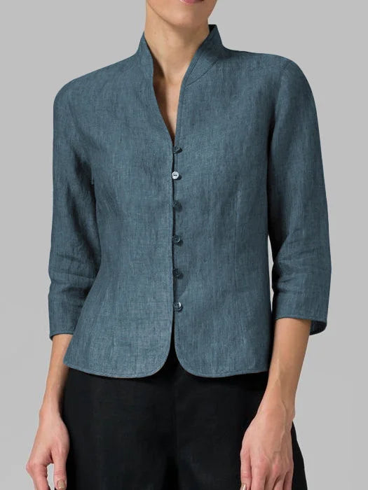 Damen Sommerbluse mit Stehkragen und Knopfleiste