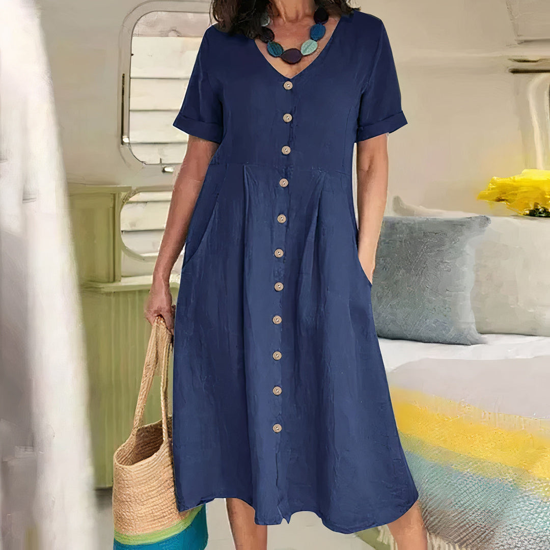 Damen Sommer Leinen Midi Kleid mit V-Ausschnitt und Taschen