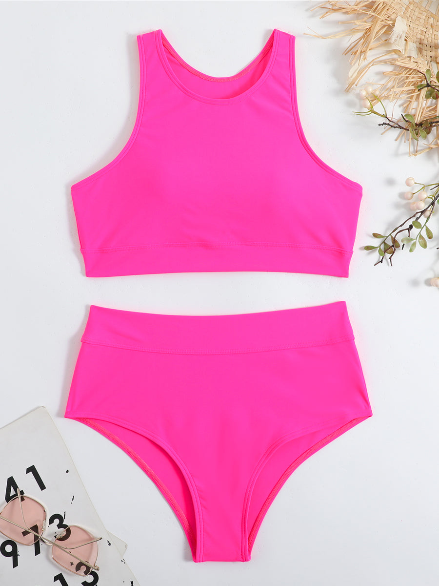 Damen Sommer-Bikini mit Rundhals-Top und hochgeschnittener Hose