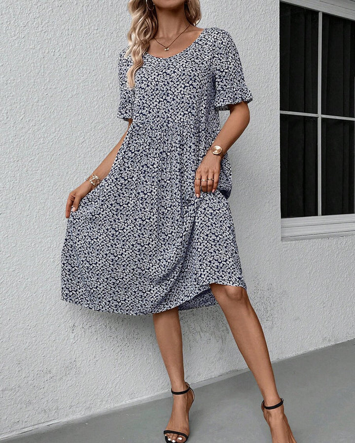 Damen Sommer Midikleid mit Blumenmuster und kurzen Ärmeln