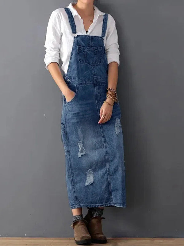 Damen Latzkleid aus Denim mit Trägern und Taschen