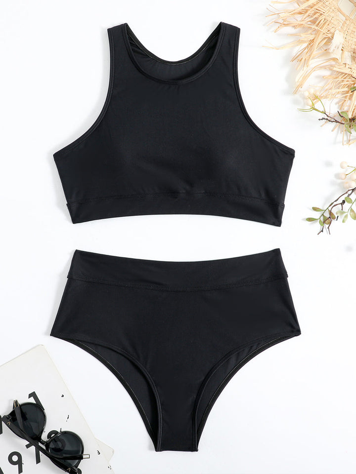 Damen Sommer-Bikini mit Rundhals-Top und hochgeschnittener Hose