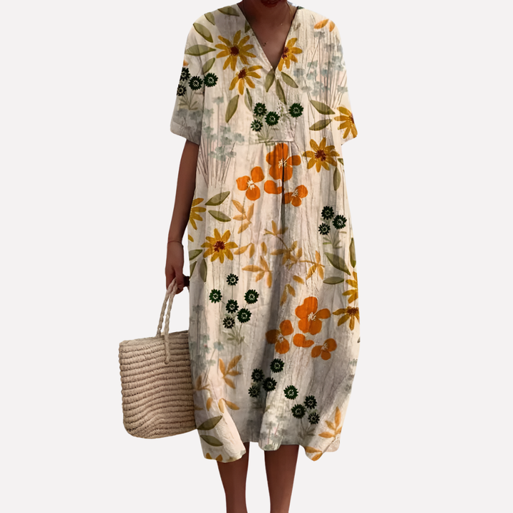 Damen Florale Sommerkleid – V-Ausschnitt & Kurze Ärmel