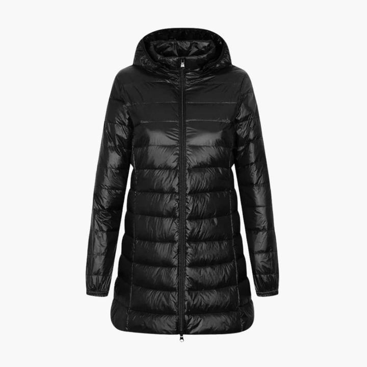 Damen Winter Daunenjacke mit Kapuze und langem Schnitt