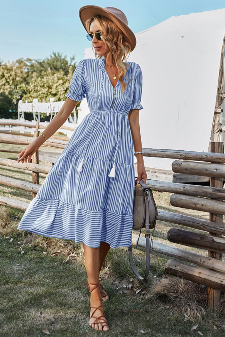 Damen Sommer-Midikleid mit V-Ausschnitt und Knopfleiste
