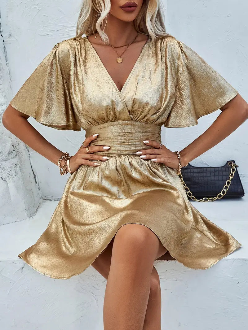 Damen Sommer Minikleid mit V-Ausschnitt und kurzen Ärmeln
