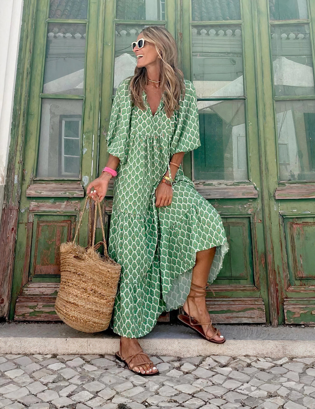 Damen Sommer Maxikleid mit Puffärmeln und grafischem Druck