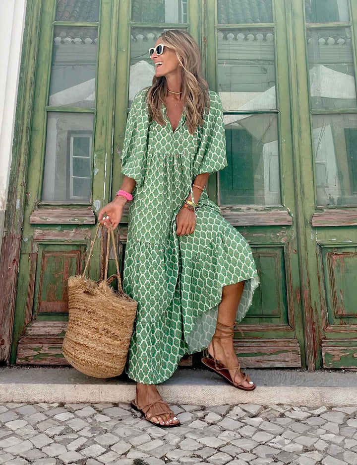 Damen Sommer Maxikleid mit Puffärmeln und grafischem Druck