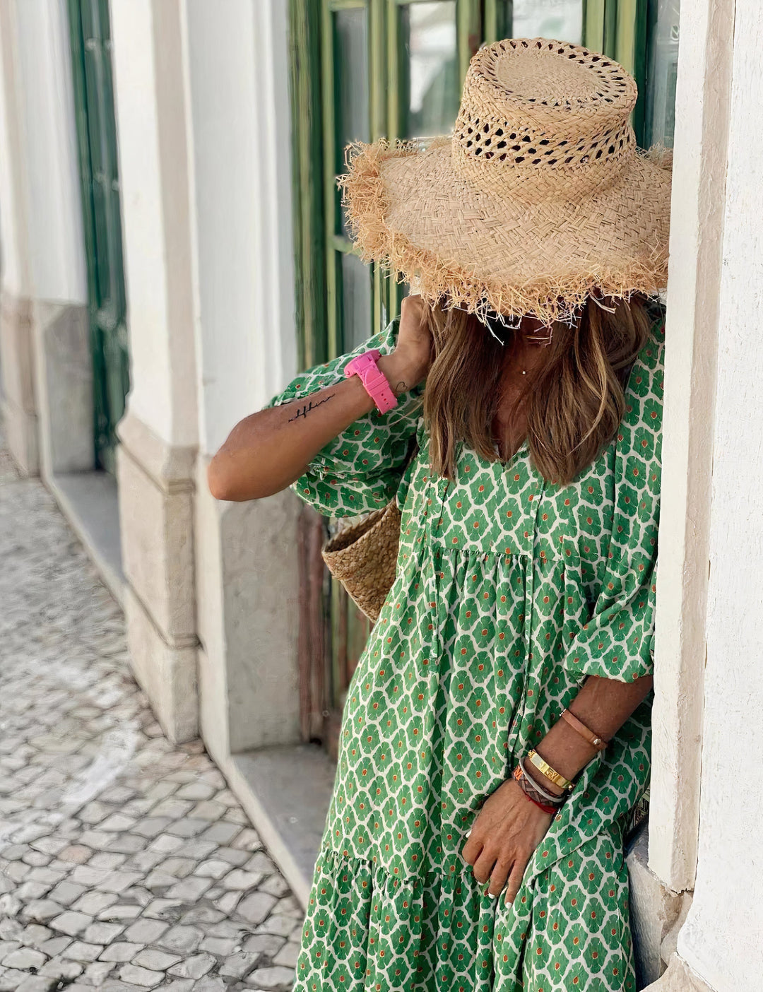 Damen Sommer Maxikleid mit Puffärmeln und grafischem Druck