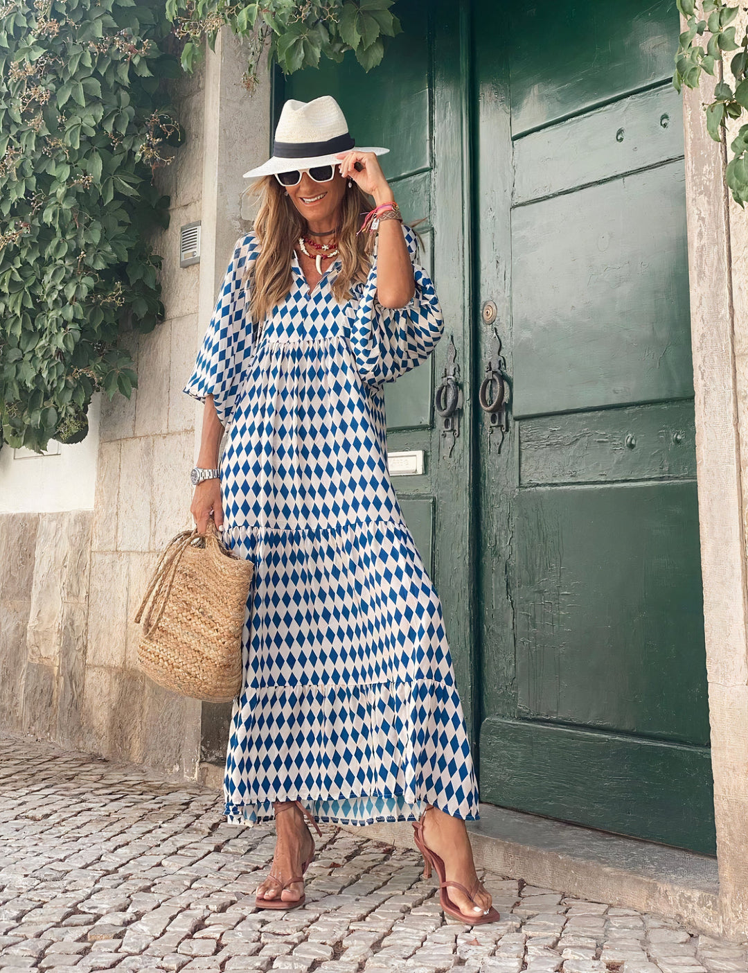 Damen Sommer Maxikleid mit Puffärmeln und grafischem Druck