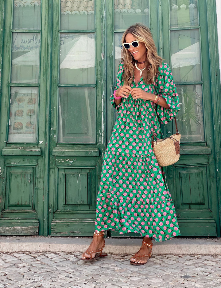 Damen Sommer Maxikleid mit Puffärmeln und grafischem Druck